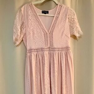 Blush Pink Lace Maxi Dress – Boho V-Neck Short Sleeve Empire Waist